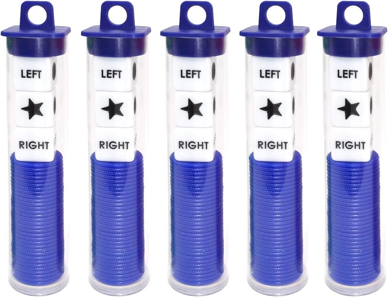 Ahoper Right Left Center Dice Game Prime Set Bundle with 3 Dices + 30 Chips. Round Tube Storage is Very Convenient for Travel. Easy to Store, Carry Around. (Blue 5 Pack) - Image 1